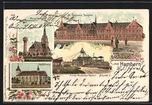 Lithographie Hamborn, Zeche Deutscher Kaiser Schacht I, St. Johannes Hospital, Katholische Kirche