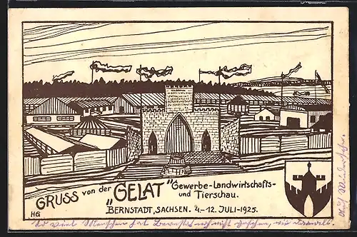 Künstler-AK Bernstadt /Sa., Ausstellung GELAT 1925, Festgelände, Wappen