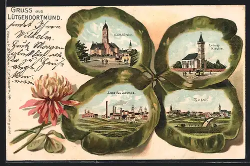 AK Lütgendortmund, Kath. Kirche, Evang. Kirche und Zeche Neu-Iserlohn II, Kohle, Kleeblatt