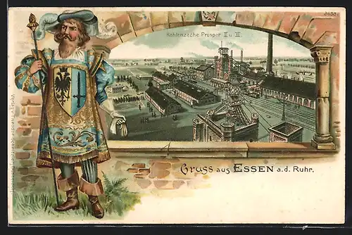 Lithographie Essen a. d. Ruhr, Kohlenzeche Prosper II und III, Bergmann