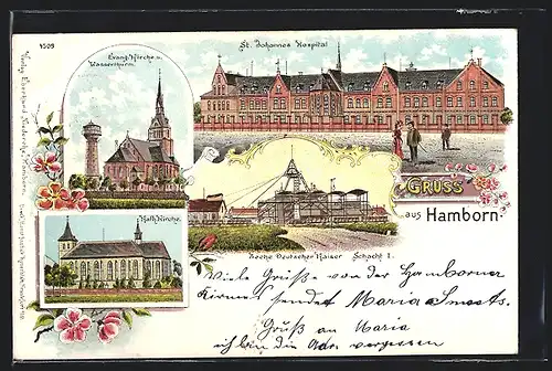 Lithographie Hamborn, St. Johannes Hospital, Kath. Kirche, Zeche Deutscher Kaiser, Schacht I