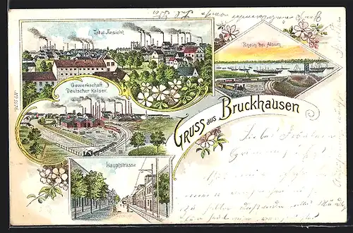 Lithographie Bruckhausen, Hauptstrasse, Gewerkschaft Deutscher Kaiser, Kohle, Totalansicht