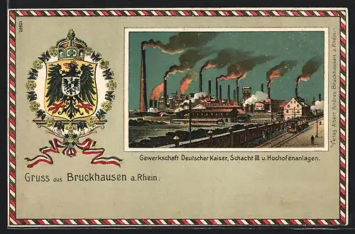 Künstler-AK Bruckhausen a. Rhein, Gewerkschaft Deutscher Kaiser, Schacht III und Hochofenanlagen, Wappen