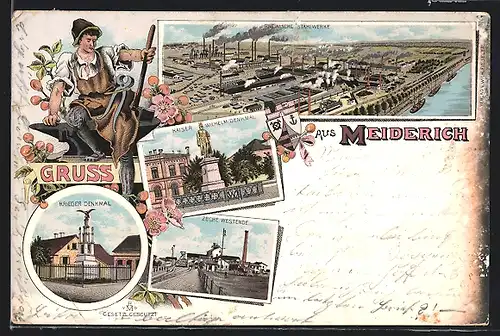 Lithographie Meiderich, Rheinische Stahlwerke, Krieger Denkmal und Zeche Westende, Kohle