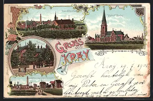 Lithographie Kray, Kathol. Kirche, Bahnhof, Schacht Alexander und Sternbrauerei, Kohle