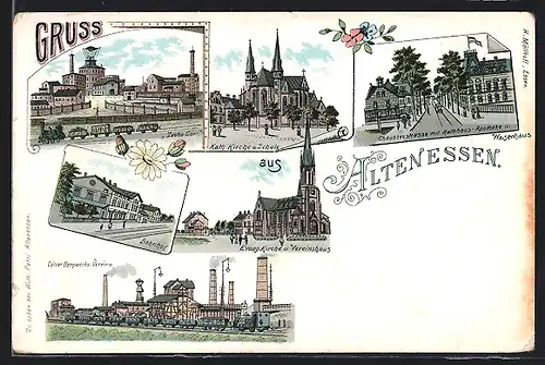 Lithographie Altenessen, Bahnhof, Kath. Kirche und Schule, Zeche des Cölner-Bergwerks-Vereins, Kohle