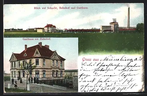 AK Dieskau, Gasthaus Bahnhof Dieskau, Blick auf Schacht, Bahnhof und Gasthaus, Kohle