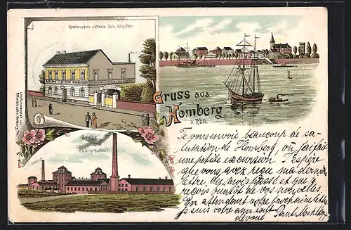 Lithographie Homberg a. Rhn., Restaurant zur Krone, Zeche Rheinpreussen