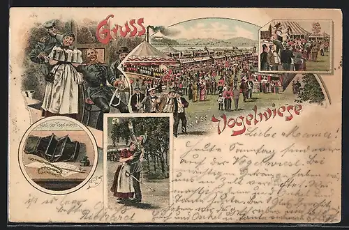 Lithographie Dresden, Vogelwiese, Stimmung auf dem Festplatz, Liebelei, leeres Portemonnaie