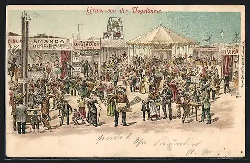 Lithographie Dresden, Vogelwiese, Fahrgeschäfte und Buden