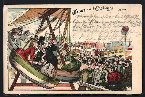 Künstler-AK Dresden, Vogelwiese, Vergnügen auf der Schiffsschaukel