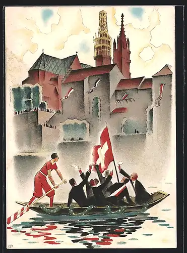 Künstler-AK Basel, XXV. Eidg. Sängerfest 1935, Sänger fahren mit einem Boot