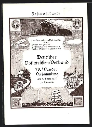 AK Chemnitz, 78. Wander-Versammlung 1927, Deutscher Philatelisten-Verband, Eisenbahn, Rotorschiff