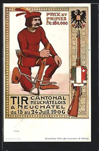 AK Neuchatel, Tir cantonal Neuchatelois 1906, Mann mit Armbrust und Federhut