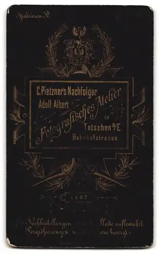 Fotografie Adolf Albert, Tetschen a. E., Bahnhofstrasse, Gutbürgerliches Paar mit ernsten Blicken und Blumenstrauss
