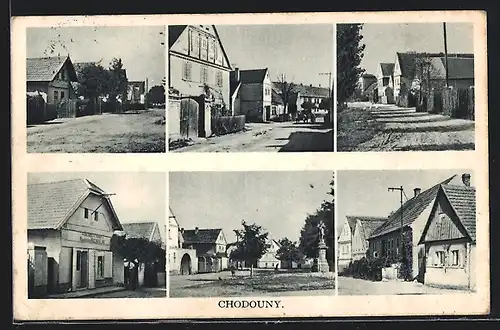 AK Chodouny, Kolonialwarengeschäft, Ortsansichten, Denkmal