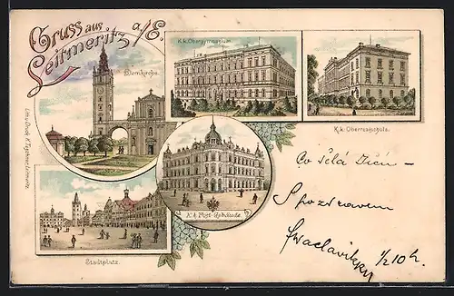 Lithographie Leitmeritz a. E., Domkirche, Stadtplatz, K. k. Postgebäude