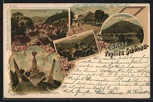 Lithographie Teplitz Schönau / Teplice, Der neue Schlossberg, Wilhelmshöhe, Probstau