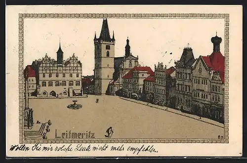 Künstler-AK Leitmeritz, Platz mit Ladengeschäften und Brunnen