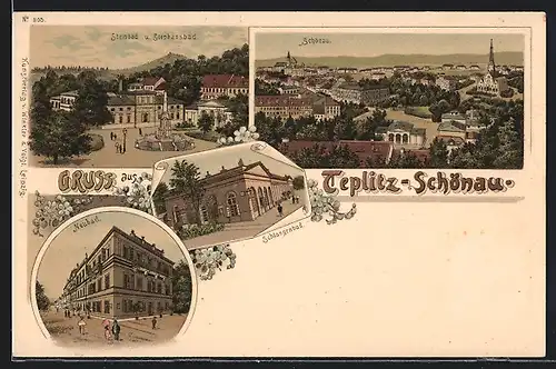 Lithographie Teplitz Schönau / Teplice, Panorama, Steinbad und Schlangenbad