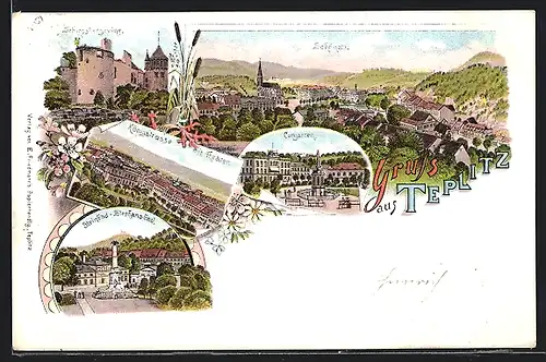 Lithographie Teplitz Schönau / Teplice, Königstrasse mit Theater, Curgarten, Steinbad-Stephansbad
