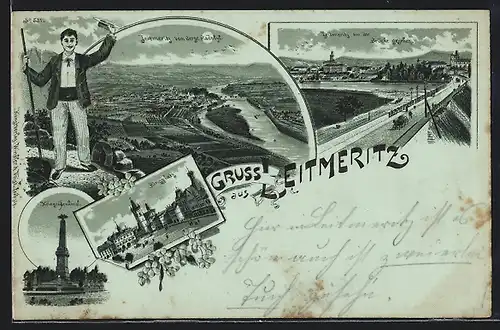 Lithographie Leitmeritz / Litomerice, Panorama von der Brücke aus, Ringplatz, Kriegerdenkmal
