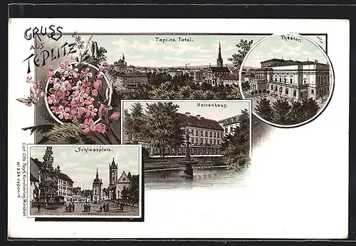 Lithographie Teplitz Schönau / Teplice, Herrenhaus, Theater, Schlossplatz