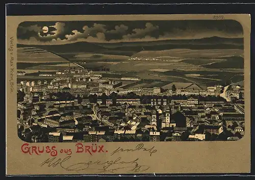 Lithographie Brüx / Most, Blick auf die Stadt und ins Land
