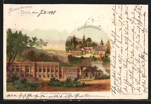 Lithographie Bilin / Bilina-Sauerbrunn, Neues Versendungshaus, Neue Restauration