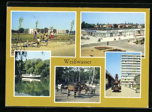 AK Weisswasser, Lutherstrasse /Brechtstrasse, Jahnteich mit Schiffsbar, Wohnkomplex mit Wasserturm