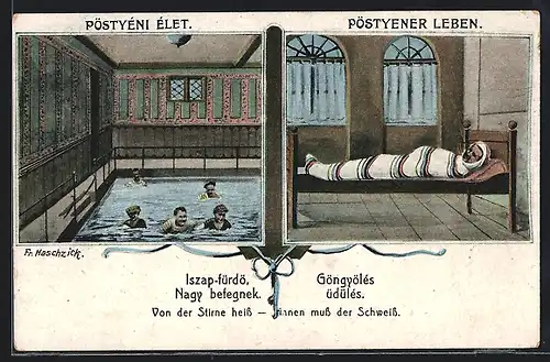 AK Piestany, Männer beim Schwimmen, Kurgast in Behandlung