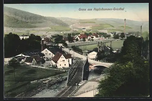 AK Kupferhammer-Grünthal, Ortsansicht mit Eisenbahnbrücke