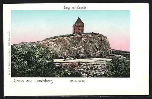AK Landsberg /Bez. Halle, Berg mit Capelle, mit leuchtenden Fenstern