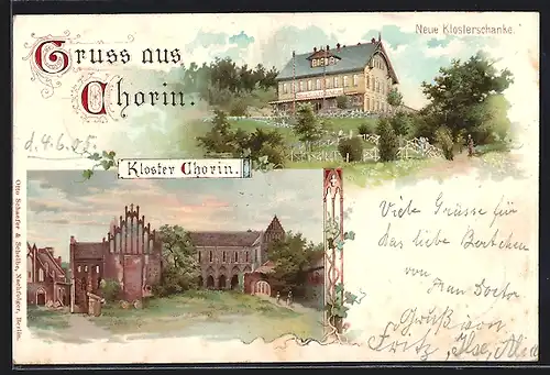 Lithographie Chorin, Klosterschänke und Kloster Chorin