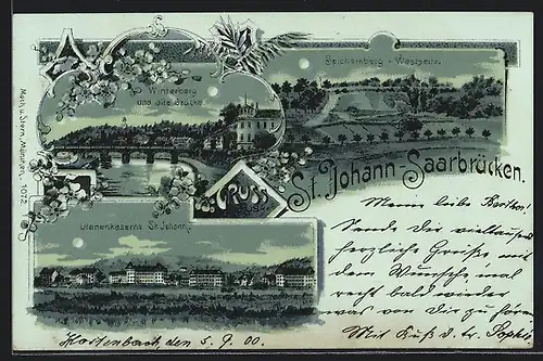 Mondschein-Lithographie St. Johann-Saarbrücken, Ulanenkaserne St. Johann, Winterberg und alte Brücke, Spichernberg