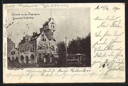 AK Düsseldorf-Grafenberg, Gasthof Jägerhaus mit Strassenbahn