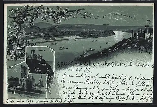 Lithographie Oberlahnstein, Ortsansicht, Lahneck, Eingang des Schlosses