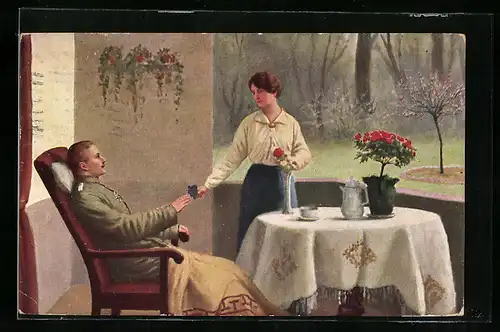 Künstler-AK sign. Adolf Hering: Frühlingshoffen, Rekonvaleszenter Soldat und seine Verlobte