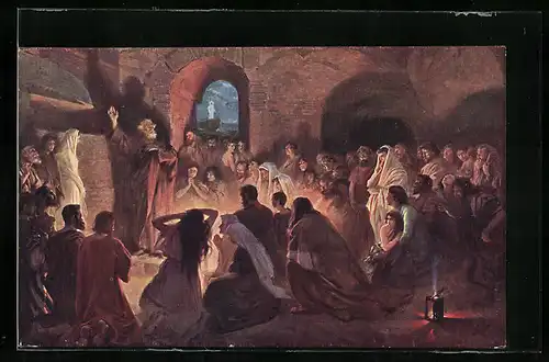 Künstler-AK sign. Jan Styka: Der Apostel Petrus predigt in den Katakomben