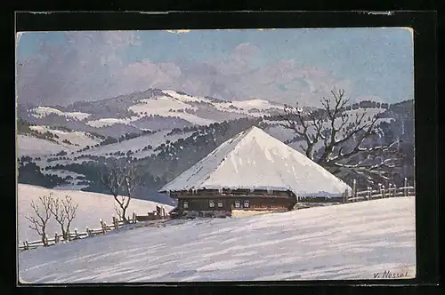 Künstler-AK sign. v. Nessel: Haus in winterlicher Berglandschaft