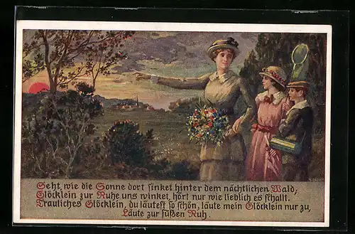 Künstler-AK sign. J. Duart: Ausflügler geniessen den Sonnenuntergang