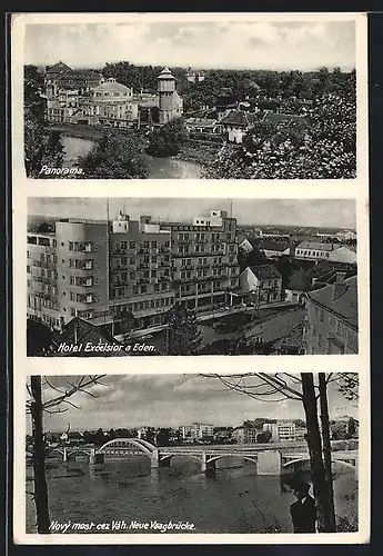 AK Piestany, Panorama, Hotel Excelsior a Eden, Novy most cez Vah