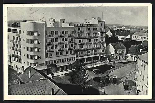 AK Piestany, Hotel Eden und Hotel Excelsior, Ortspartie aus der Vogelschau