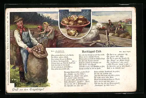 Künstler-AK Rudolf Schneider: Aardäppel-Lied, Kartoffelernte