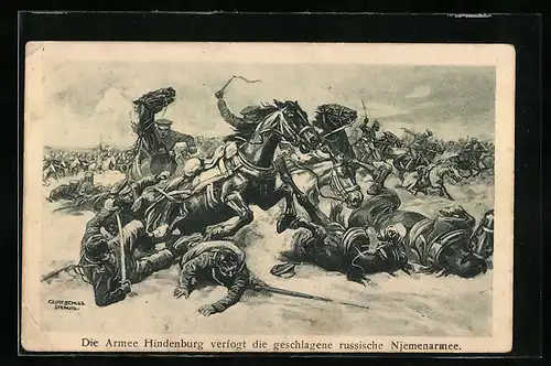 Künstler-AK Curt Schulz-Steglitz: Die Armee Hindenburg verfolgt die geschlagene russ. Njemenarmee