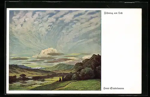 Künstler-AK Hans Stadelmann: Föhntag am Lech, Landidyll