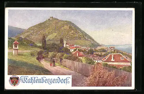 Künstler-AK Rudolf Schmidt: Kahlenbergerdorf, Ortsansicht, Deutscher Schulverein