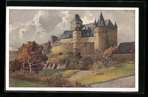 Künstler-AK Hans Rudolf Schulze: Schloss Bürresheim im Nettetal, Blick auf die Burg im Herbst