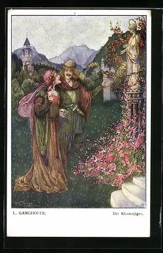 Künstler-AK T. Welzl: Der Klosterjäger, Paar und Marienfigur