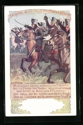 Künstler-AK Karl Alex Wilke: Lützows wilde Jagd von Theodor Körner, Wildherzige Reiter schlagen die Schlacht...